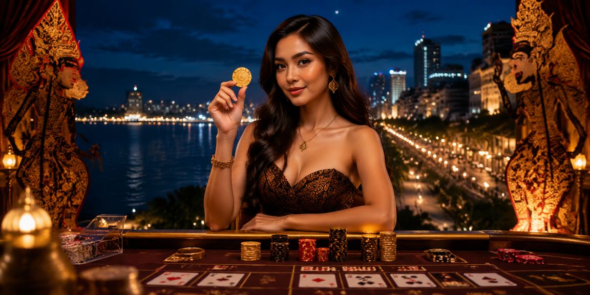 Dealer baccarat profesional di meja live casino dengan suasana elegan