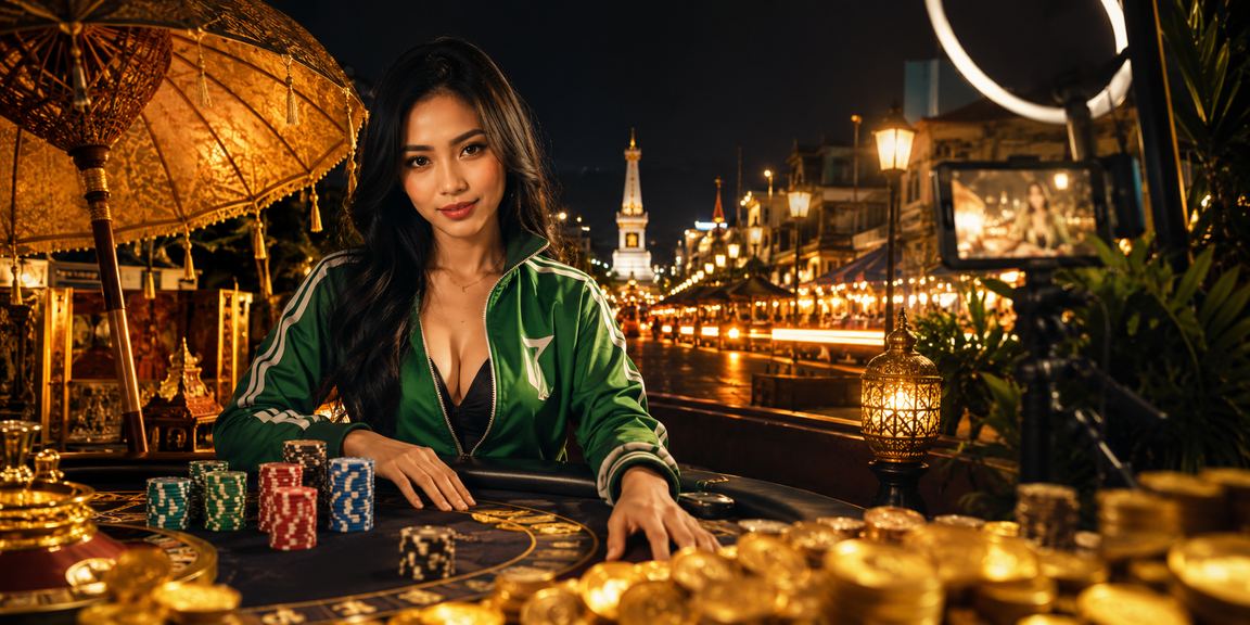 Model perempuan menikmati permainan casino dengan ekspresi santai dan terkontrol