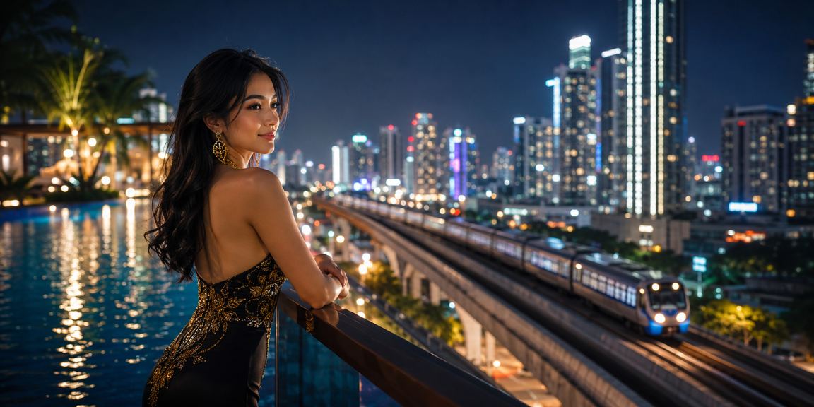 Model tersenyum dengan latar belakang permainan slot online